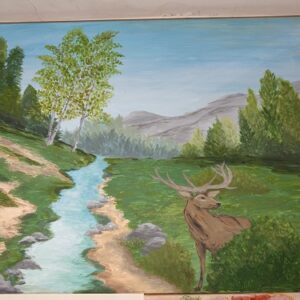 Spokojny Brzeg Rzeki – Jeleń w Górskiej Dolinie | Obraz akrylowy 75 × 55 cm