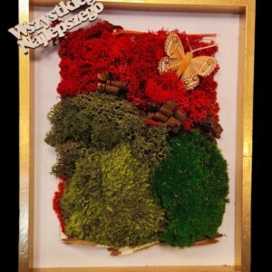 Czerwono-Zielone Serce Lasu – „Wszystkiego Najlepszego” | Obraz 3D z mchu 18 × 23 cm