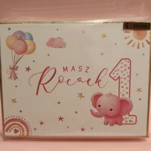 Pudełeczko „Masz Roczek 1” – różowy słonik, brokat i balony