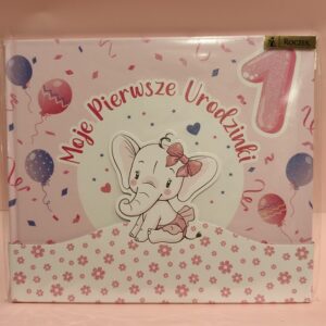 Książeczka / Album „Moje Pierwsze Urodzinki” – Roczek 1 z różowym słonikiem